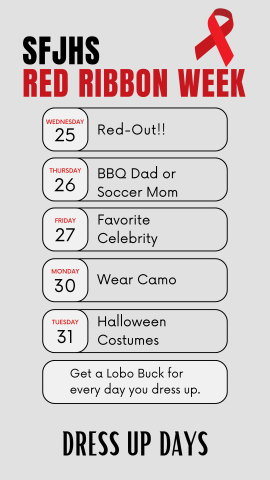 Red Ribbon Week Dress Up Days 10/26 - 10/30